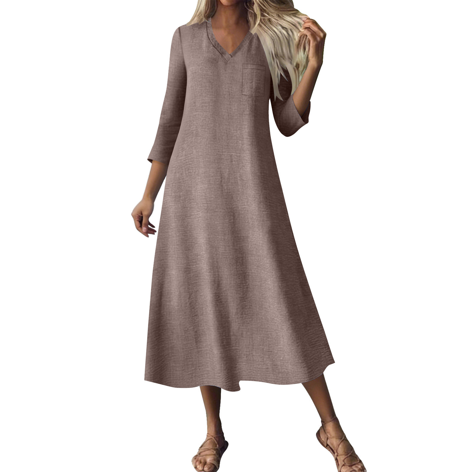 SMihono Linen Dress for Women Cotton Linen Maxi Dress Casual V Neck 3/4 ...