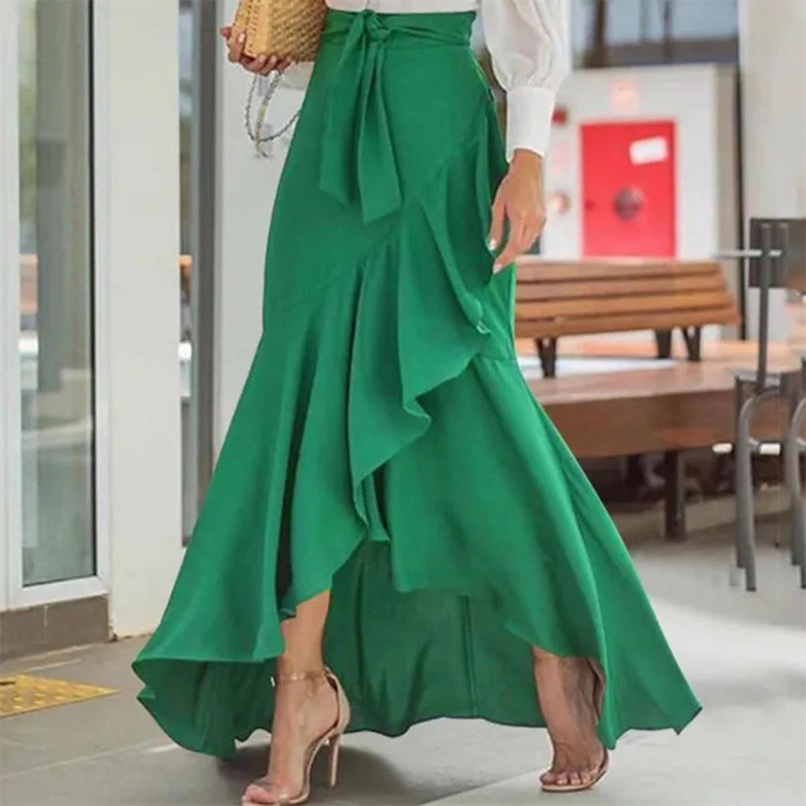 Sexy solid color stretch ruffle high waist slim all-match midi skirt