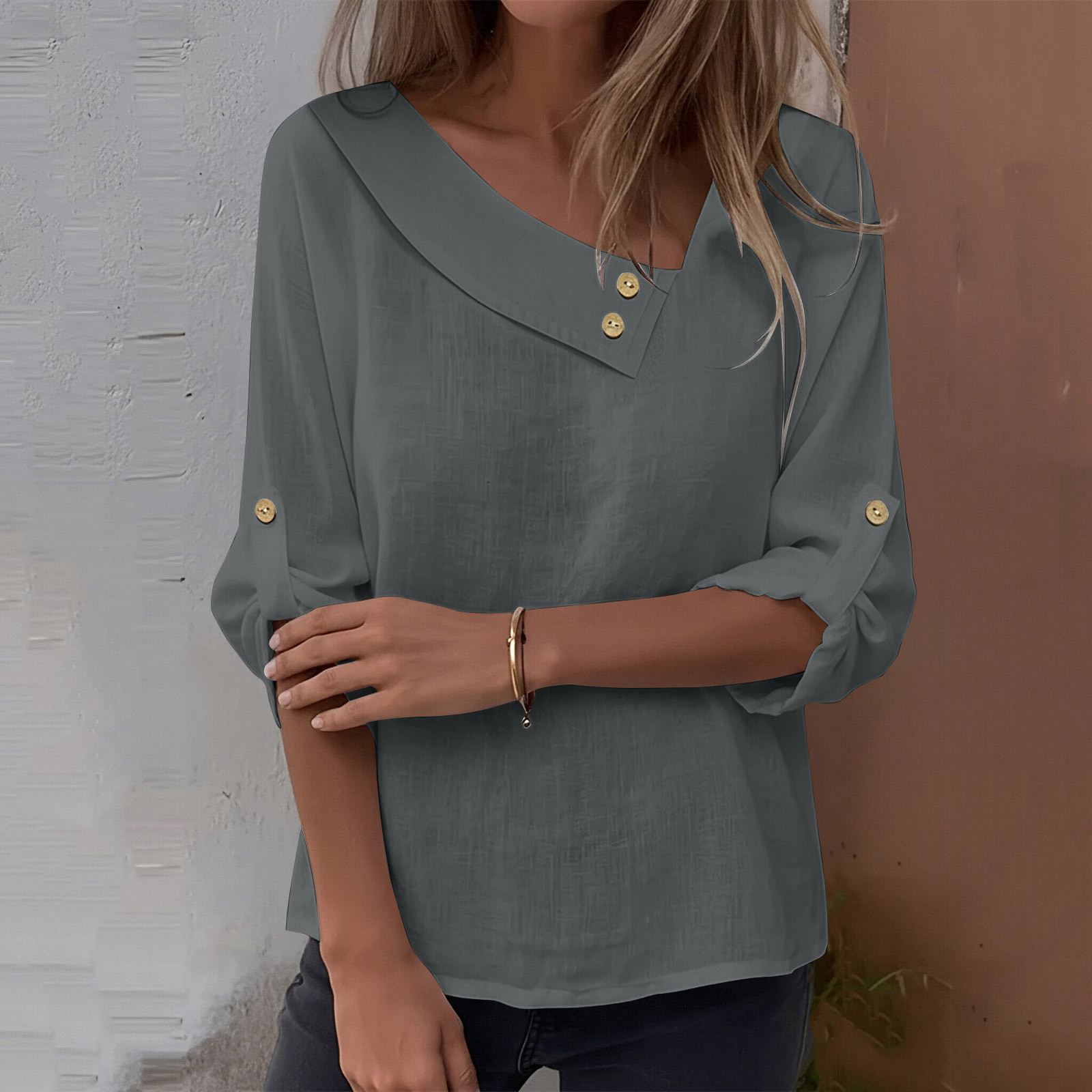 Olyvenn Women Cotton Linen Tops Causal Summer Shirts Rolled Sleeve ...