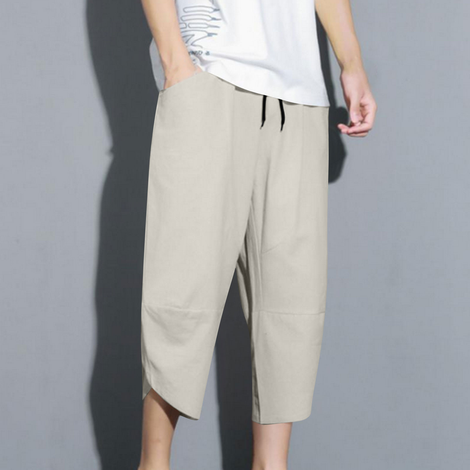 Men's Linen Harem Capri Pants - Lightweight Baggy Crop Pants With Drawstring Waist For Beach & Yoga