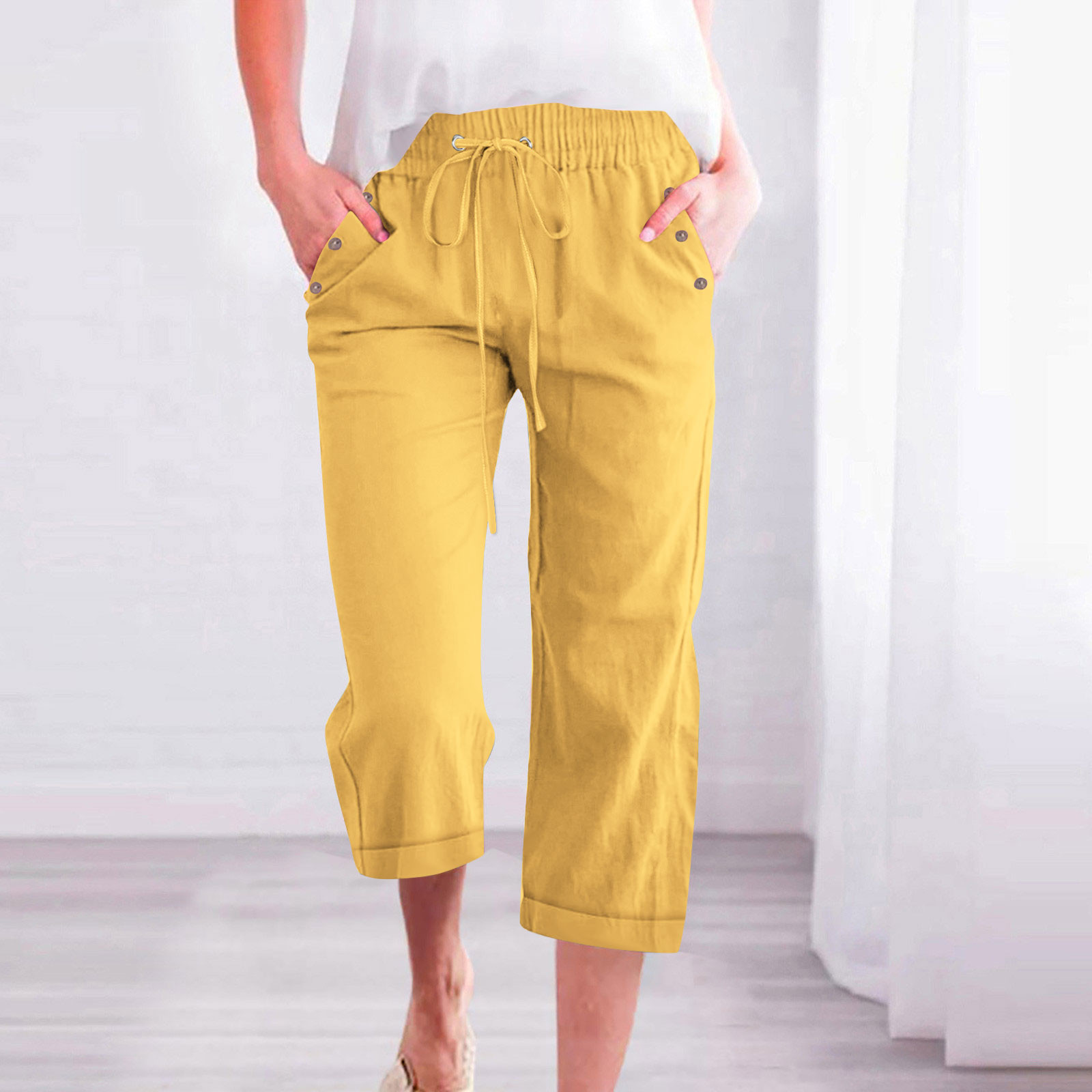 Capris Pants For Women Cotton Linen Casual Summer 2025 Straight Wide Leg Loose Drawstring Elastic Waist Cropped Trouser