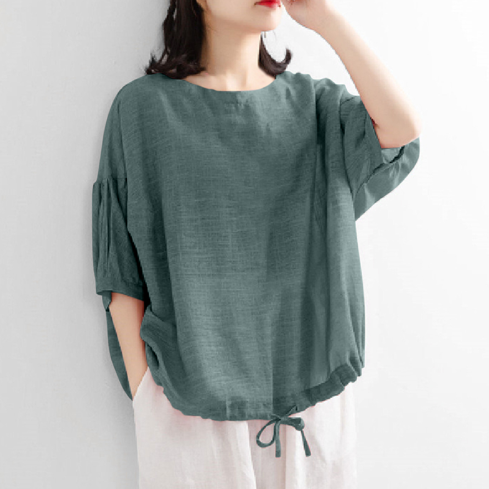 Olyvenn Short Sleeve Casual Shirts for Women Linen Crew Neck T Shirt ...
