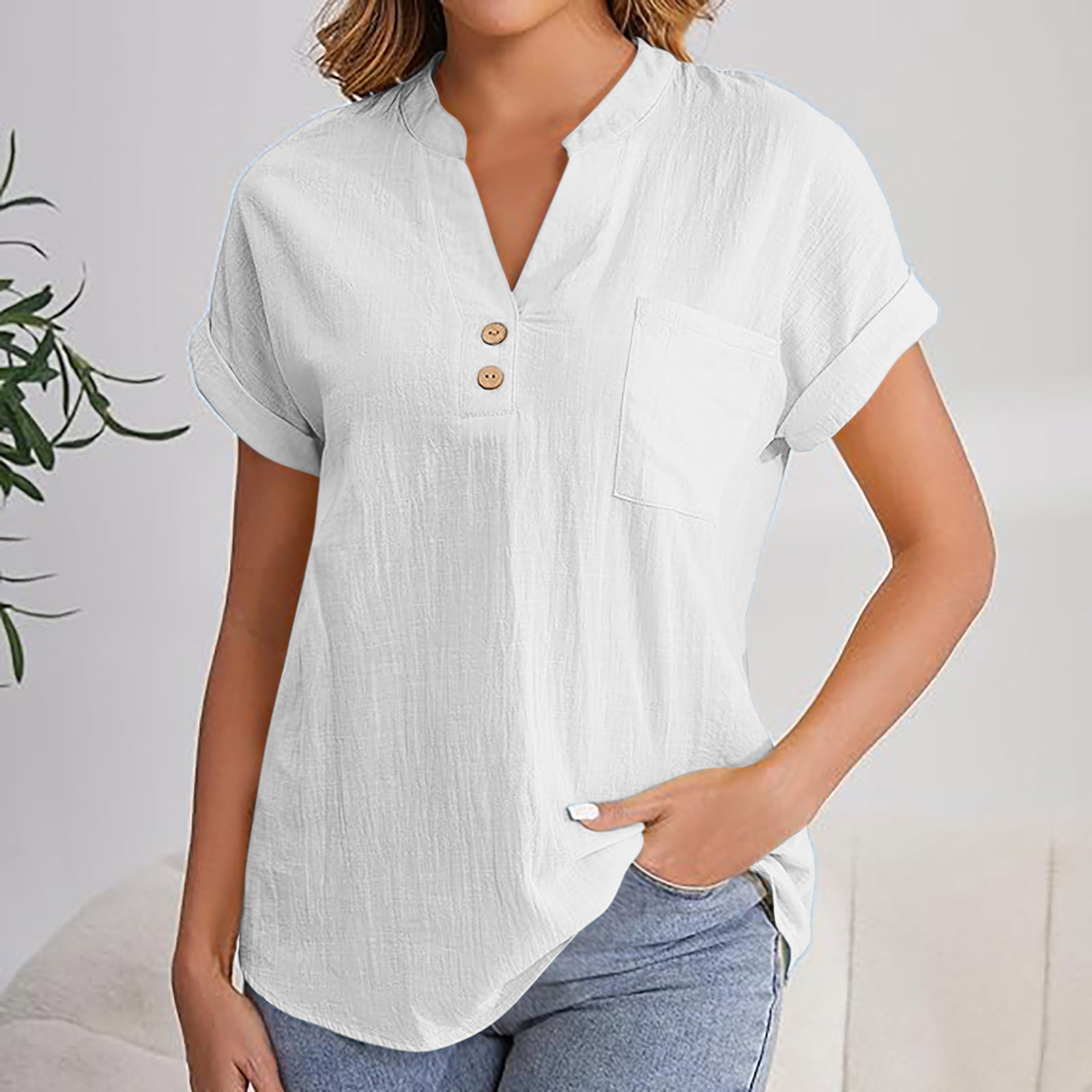 Olyvenn Summer Tops for Women 2025 Trendy Short Sleeve Cotton Linen ...