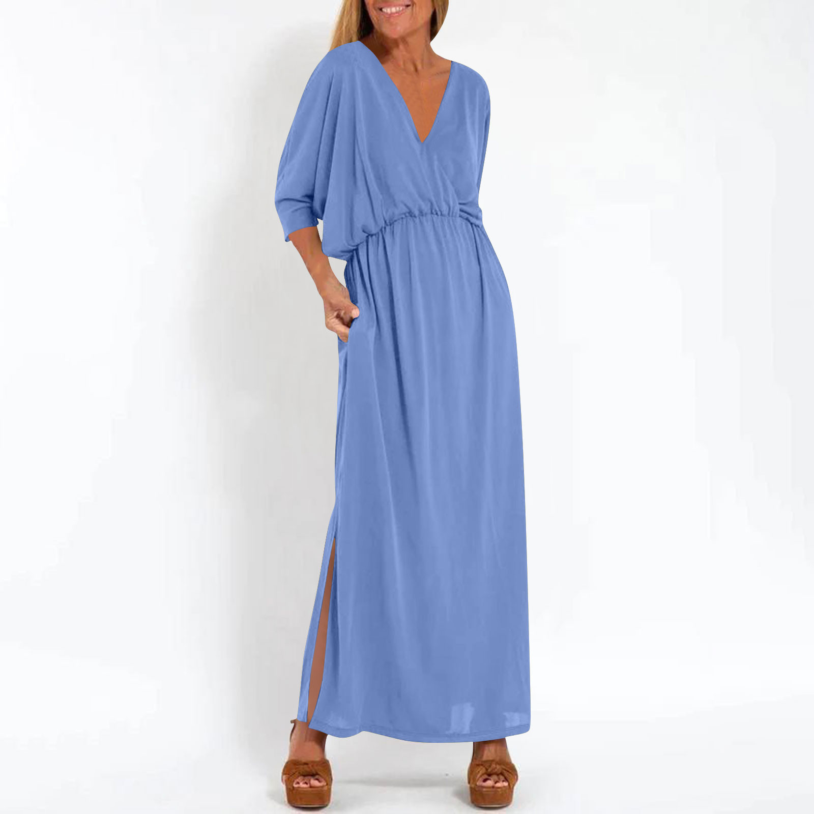 3 4 sleeve casual dresses Classic 100% Cotton A-Line Dress with 3/4 Sleeves Heather Grey / Large this dress features long sleeves Women's Summer Cotton Linen Dress