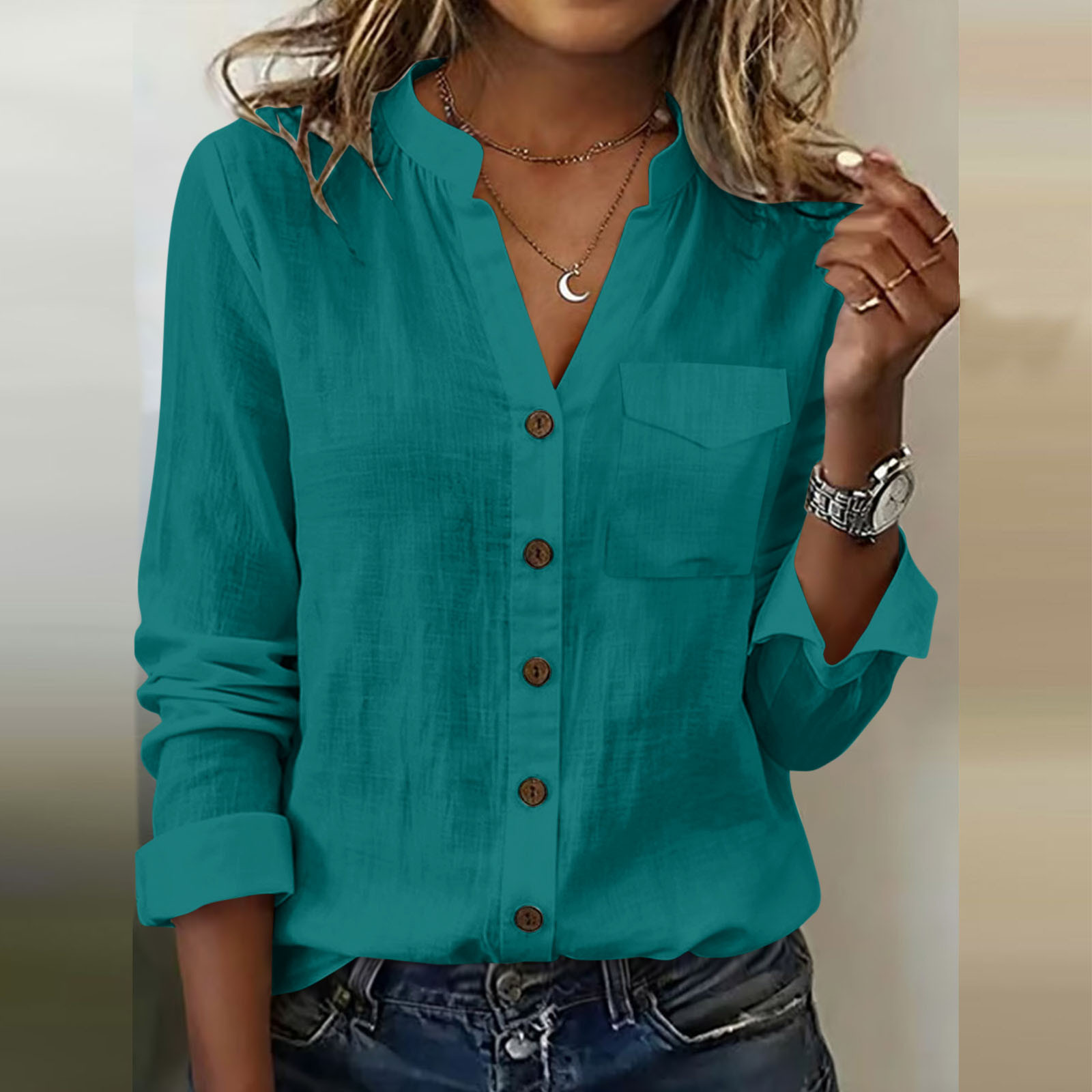 Olyvenn Fashion Cotton Linen Shirts Women V Neck Summer Tops for Women ...