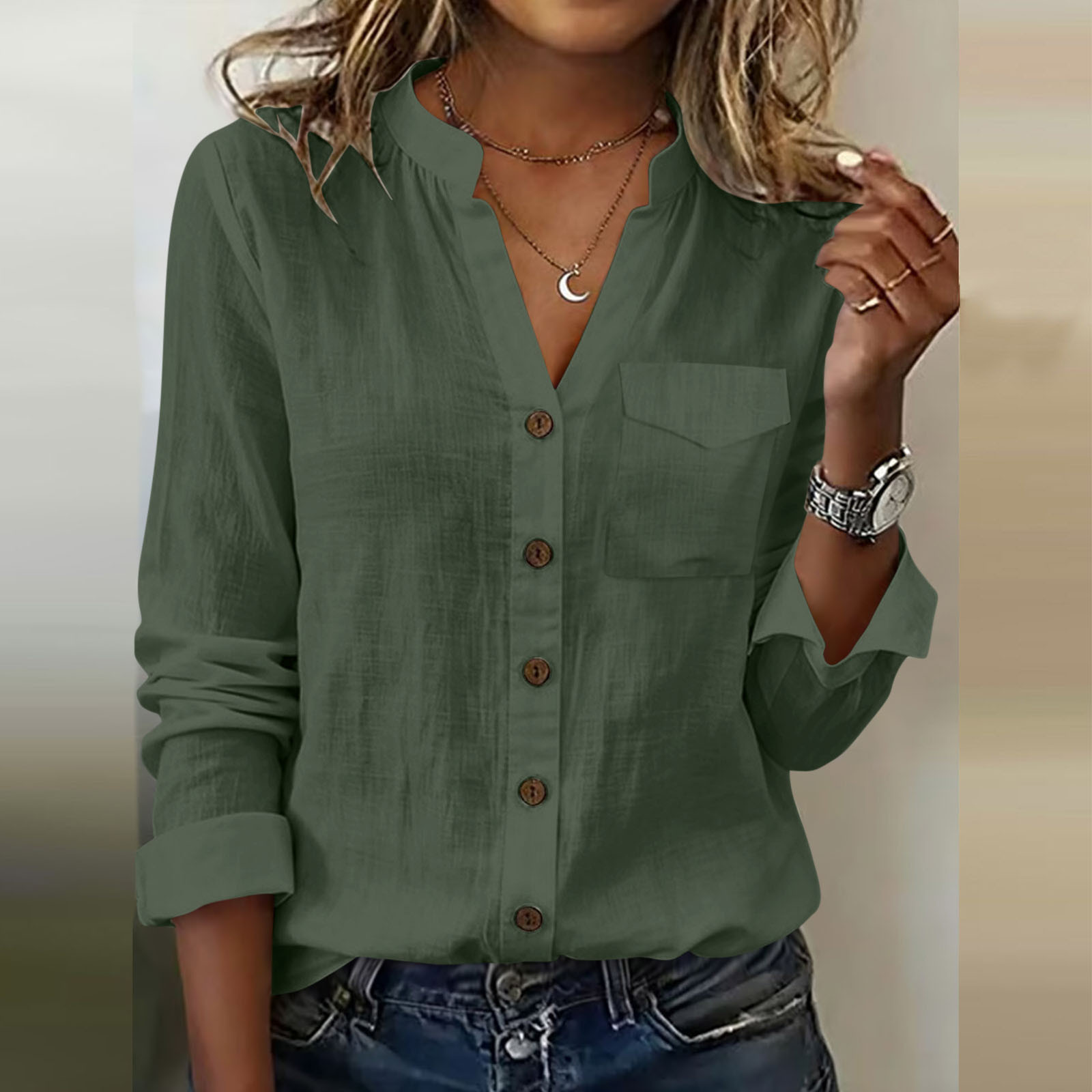 Olyvenn Fashion Cotton Linen Shirts Women V Neck Summer Tops for Women ...