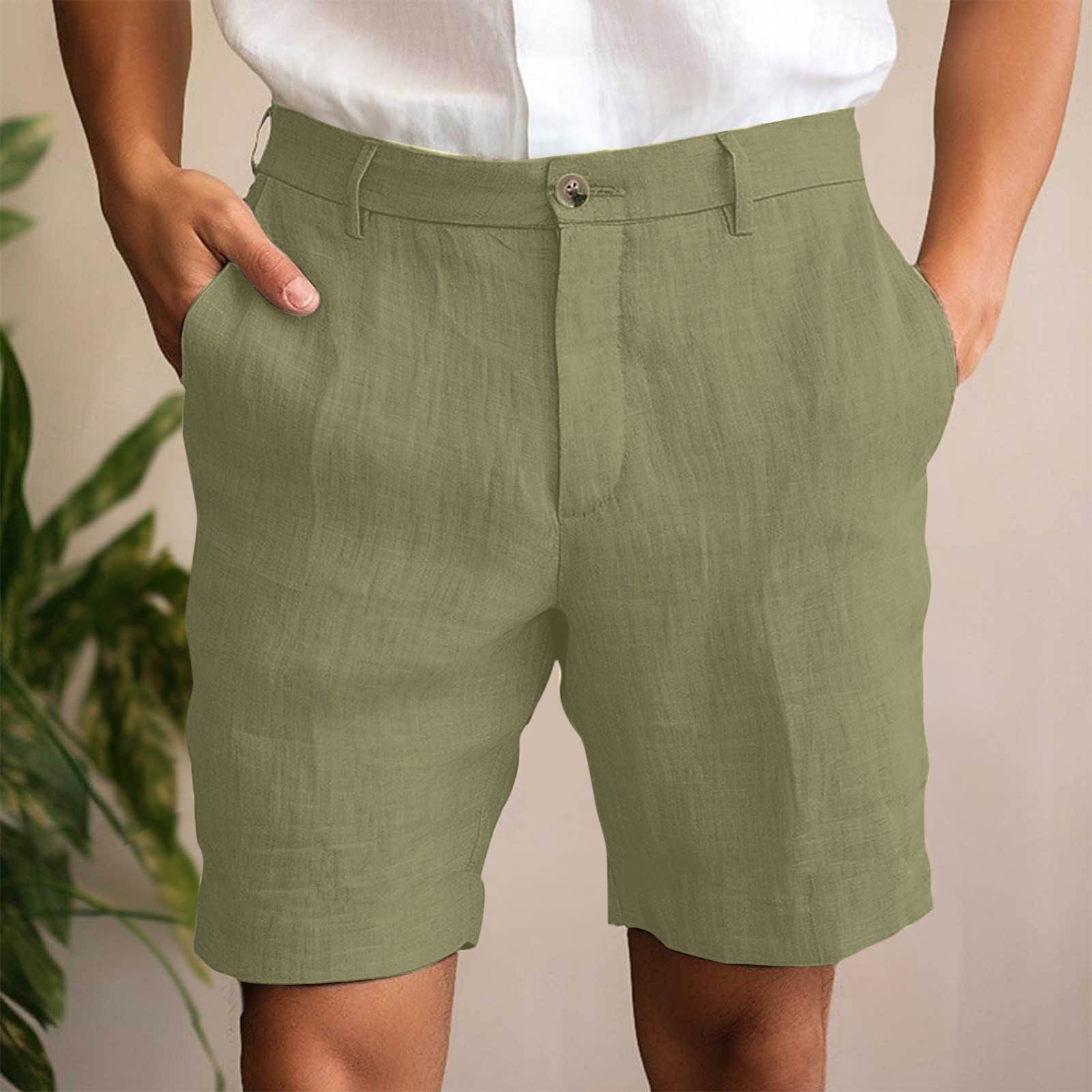 STICKON Men's Athletic Shorts With Zipper Pockets - Elastic Waist Casual Summer Shorts, Army Green, Medium