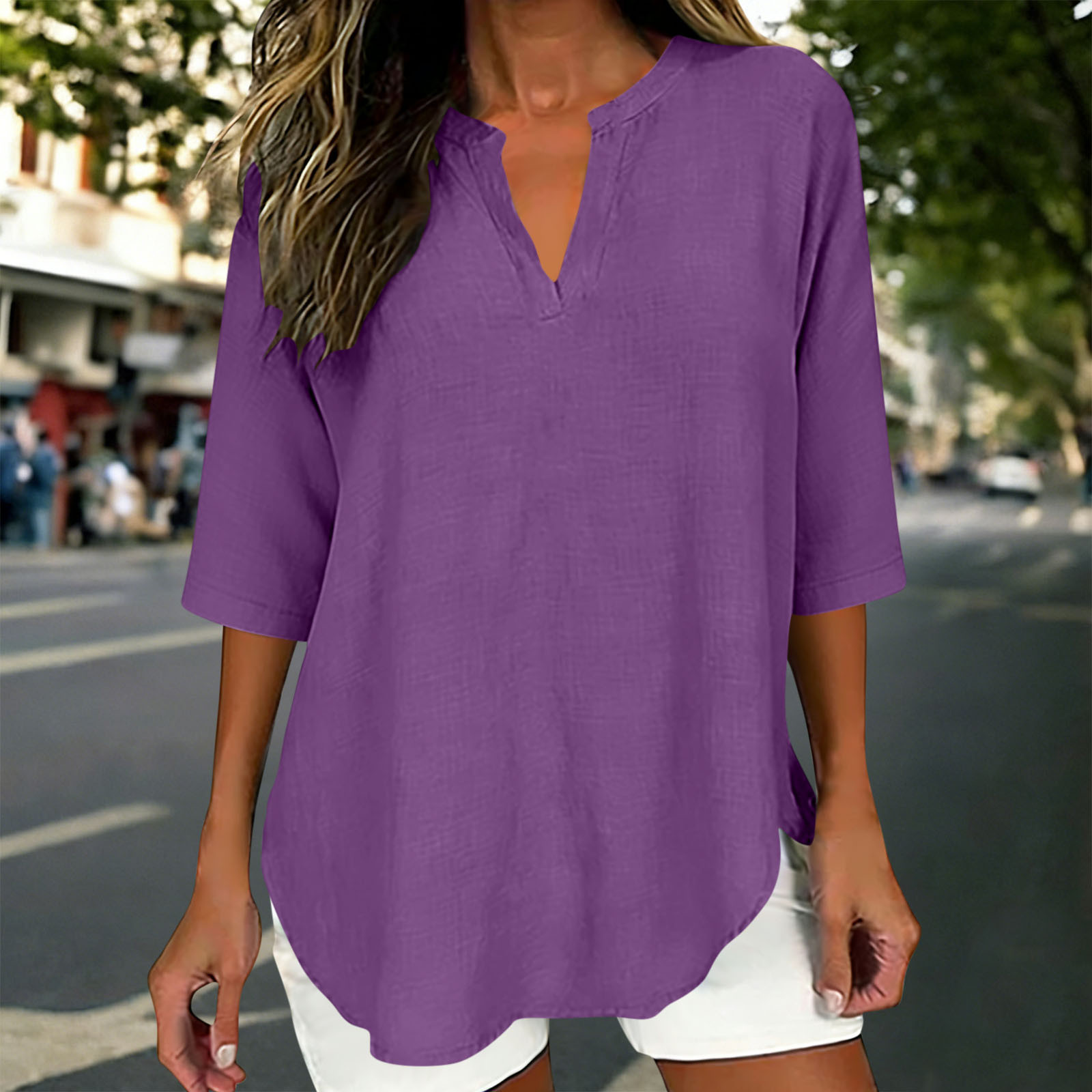 Olyvenn Women's 3/4 Sleeve Cotton Linen Shirts V Neck Button Tunic Tops ...