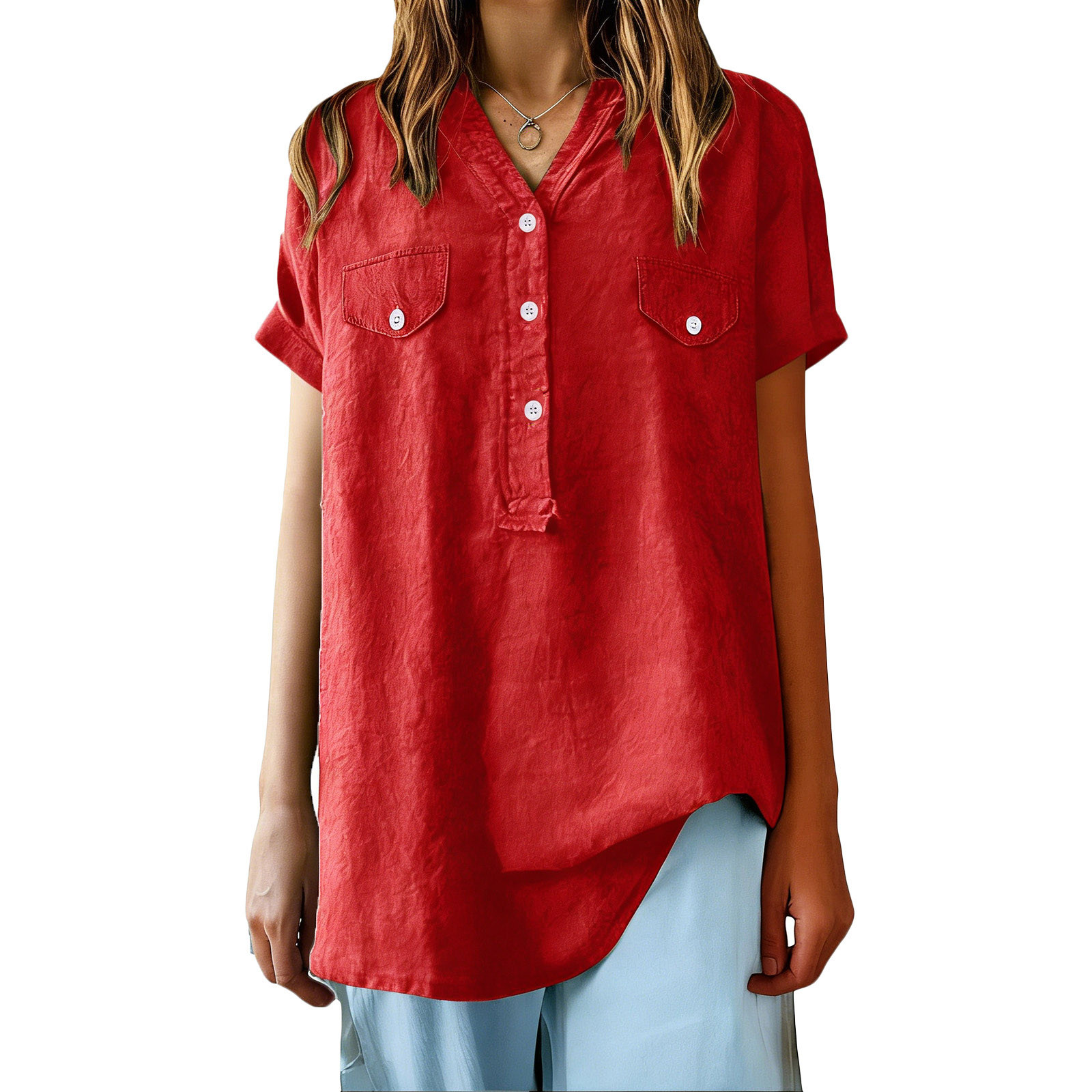 Olyvenn Cotton Linen Shirts for Women 2026 Summer Short Sleeve V Neck ...