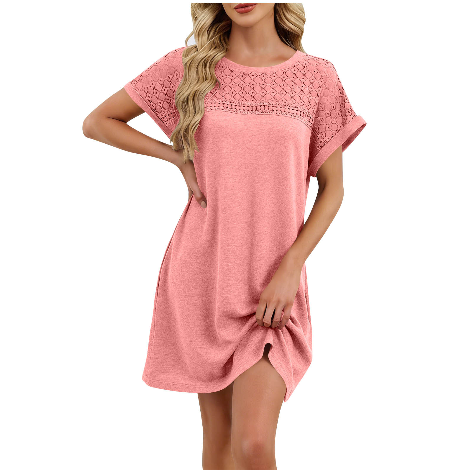 SMihono 2026 Summer Women's Short Sleeve Dress Solid Color Round Neck ...