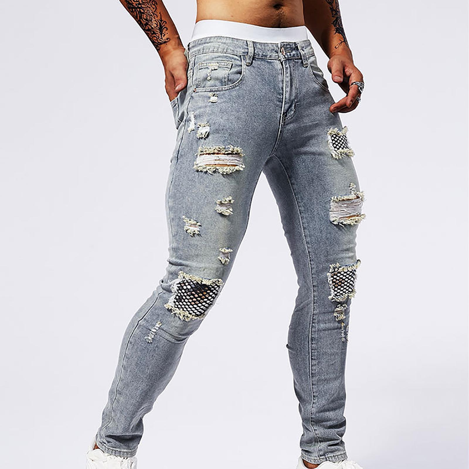YLSDY Men's Jean Ripped Slim Fit Straight Leg Denim Pants Stretch ...