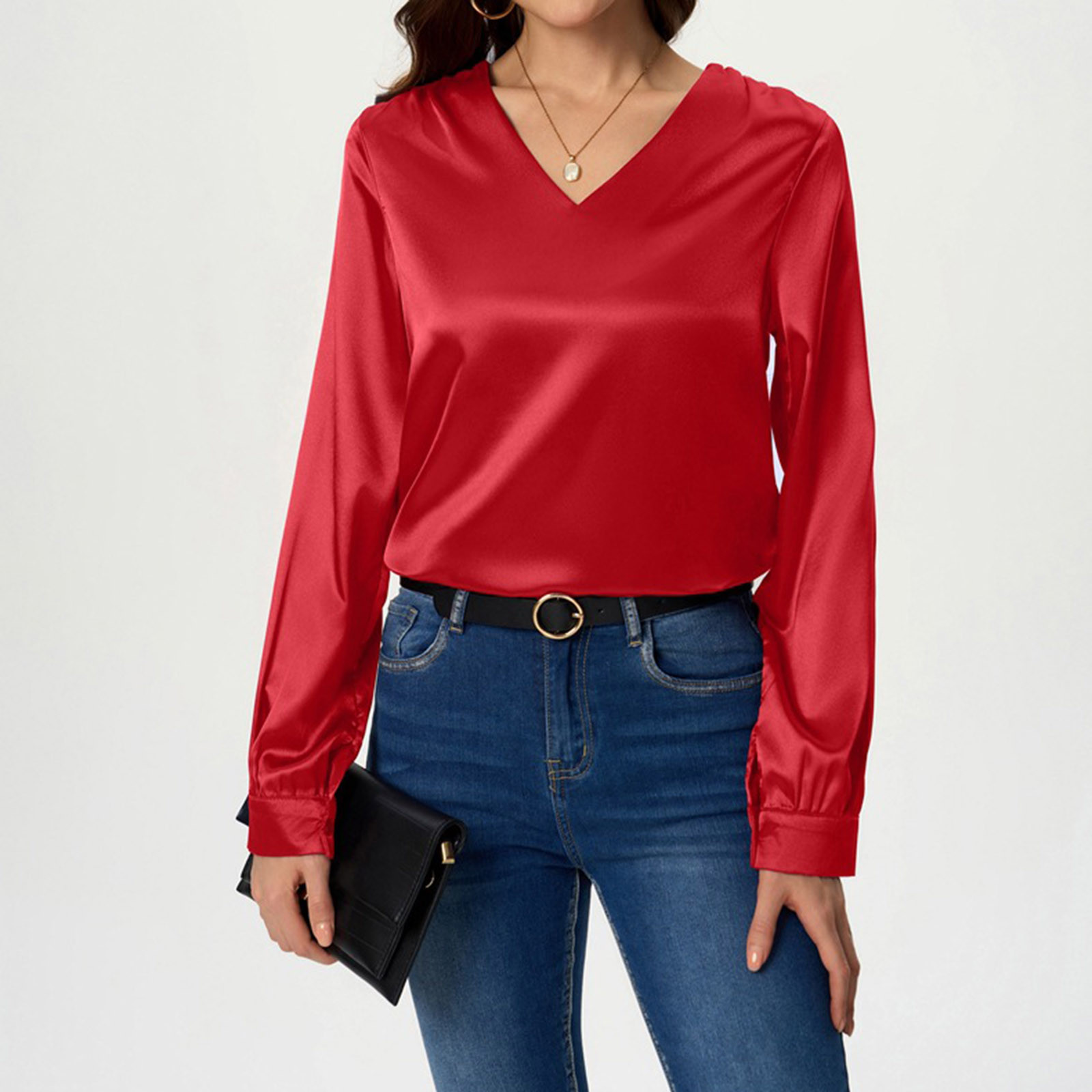 And The Why Plain Satin Puff Shirring V Neck Blouse Top main image 0