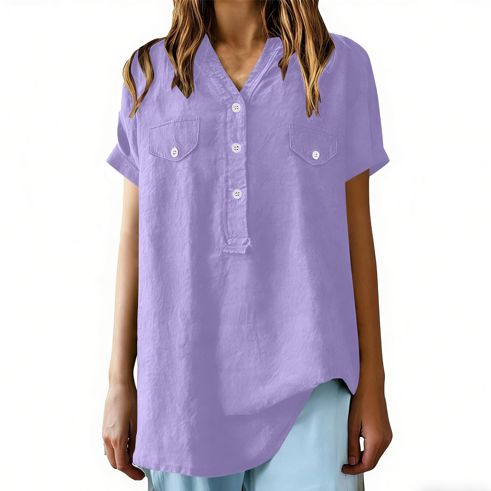Olyvenn Cotton Linen Shirts for Women 2026 Summer Short Sleeve V Neck ...