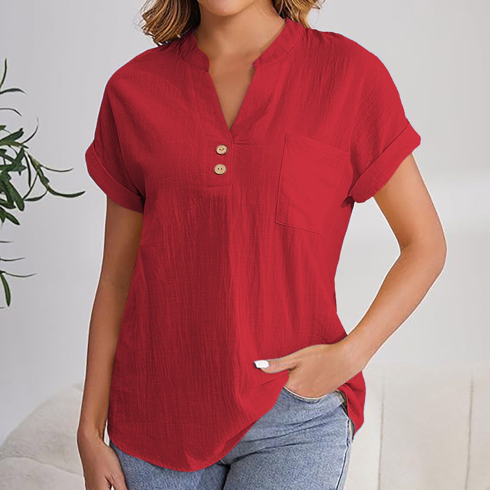 Olyvenn Summer Tops for Women 2025 Trendy Short Sleeve Cotton Linen ...