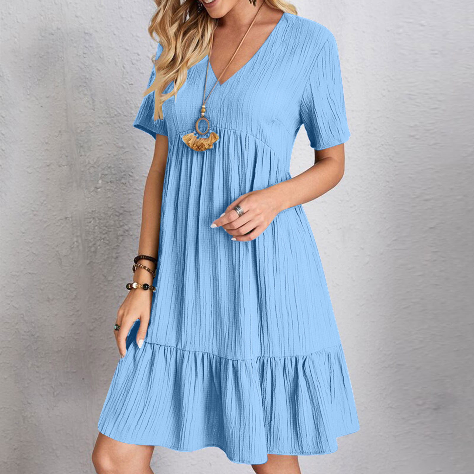 Women's T-Shirt Dress - Casual Summer Swing Pleated Mini Dress In Burgundy (Size M)