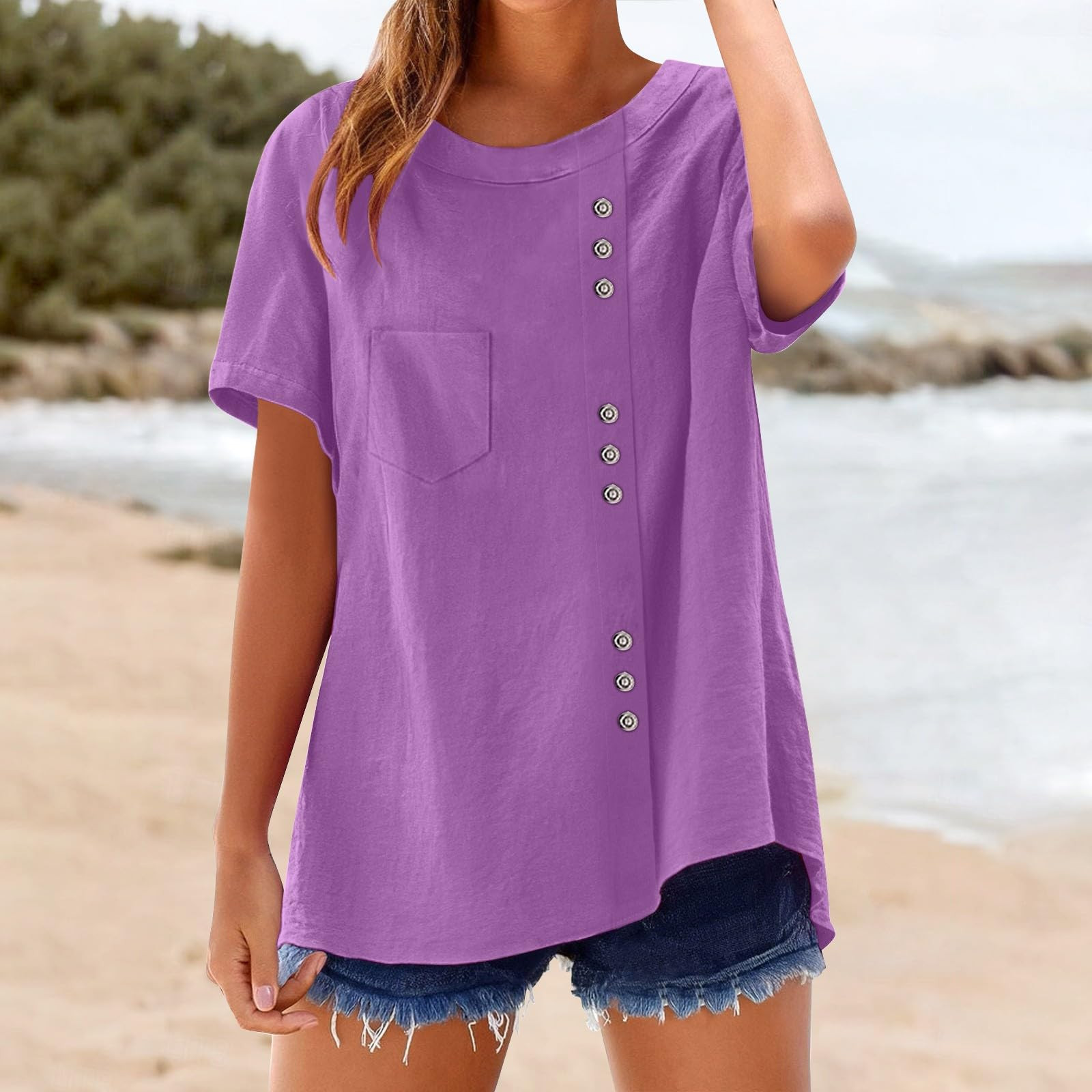 Olyvenn Summer Tops for Women 2025 Trendy Short Sleeve Cotton Linen ...
