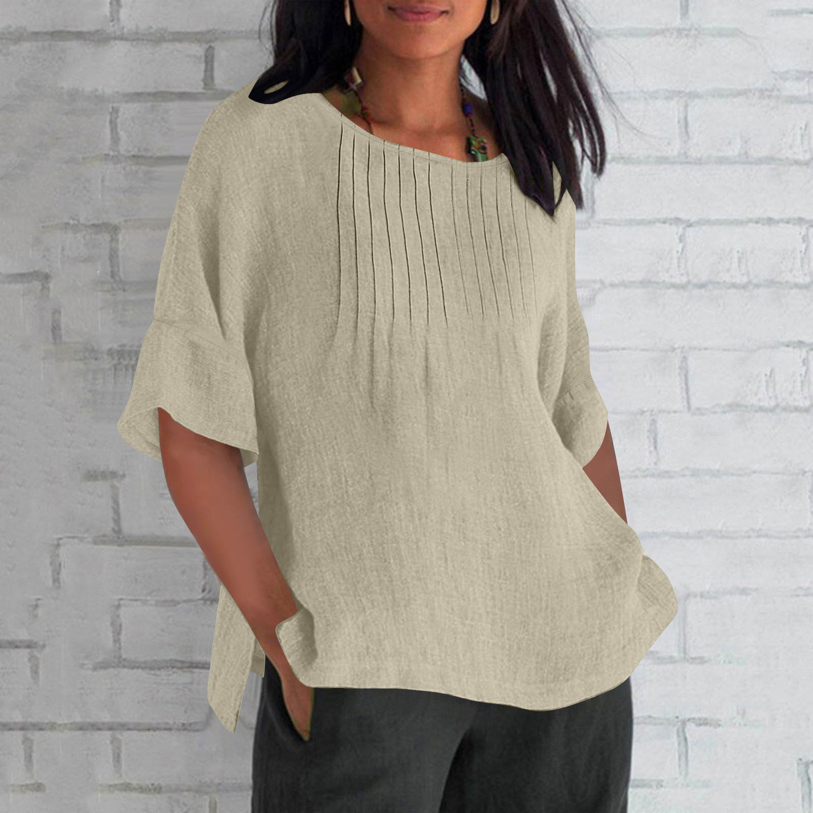 Olyvenn Linen Shirts for Women 2025 Basic Plus Size 3/4 Sleeve Tops ...