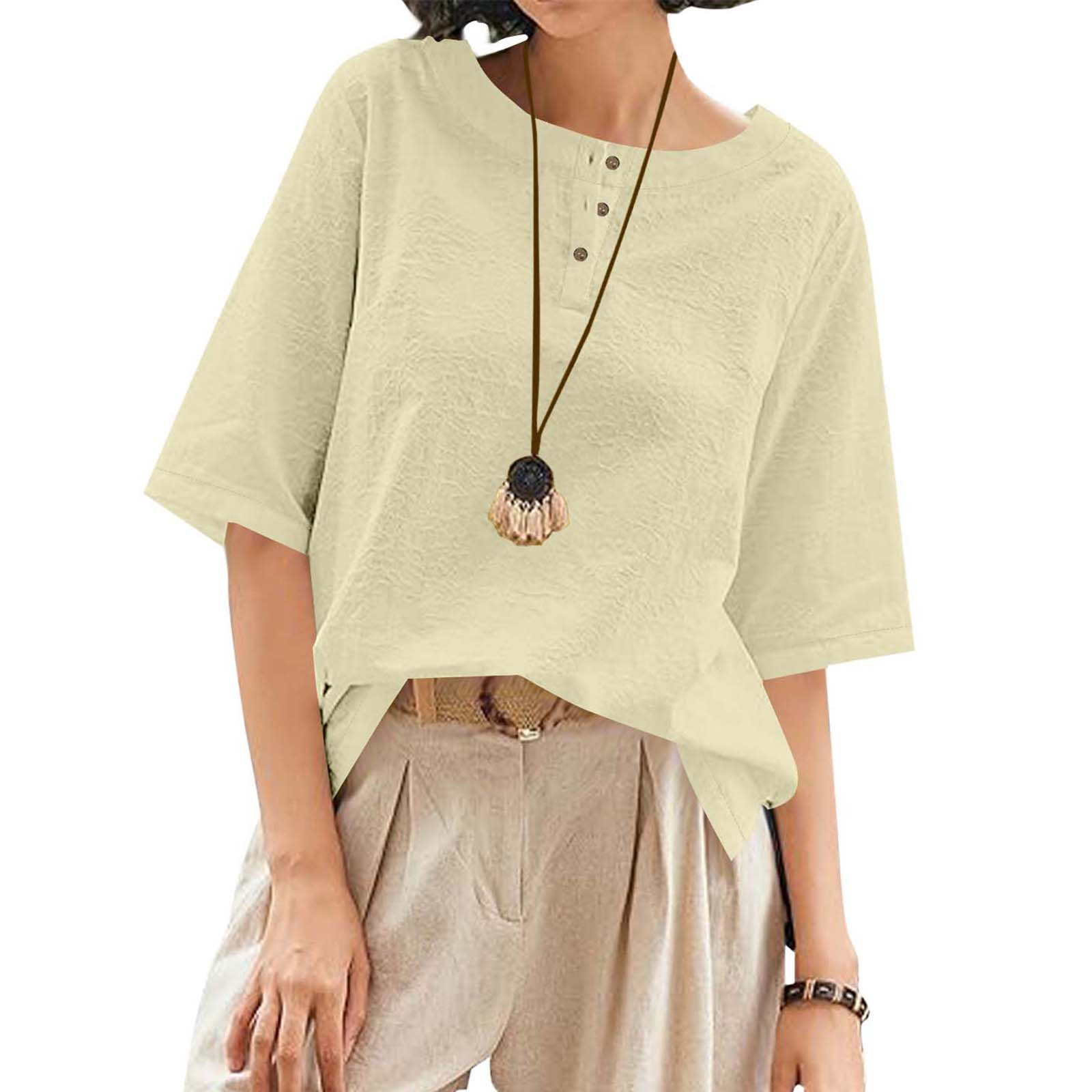 Olyvenn Linen Tops for Women 3/4 Sleeve Crew Neck Cotton Shirts 2025 ...