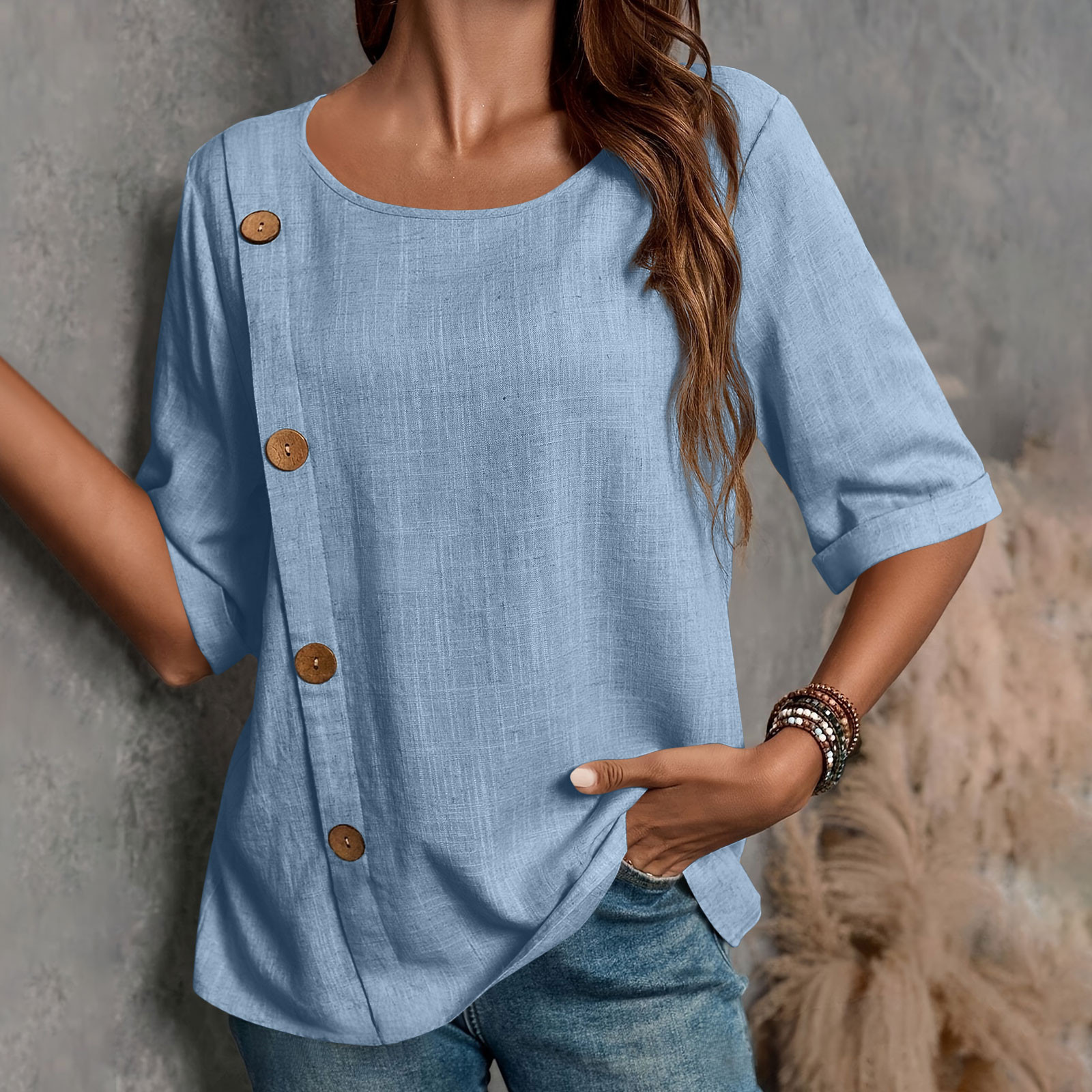 Olyvenn Linen Shirts for Women 2025 Short Sleeve Crewneck Tops Casual ...