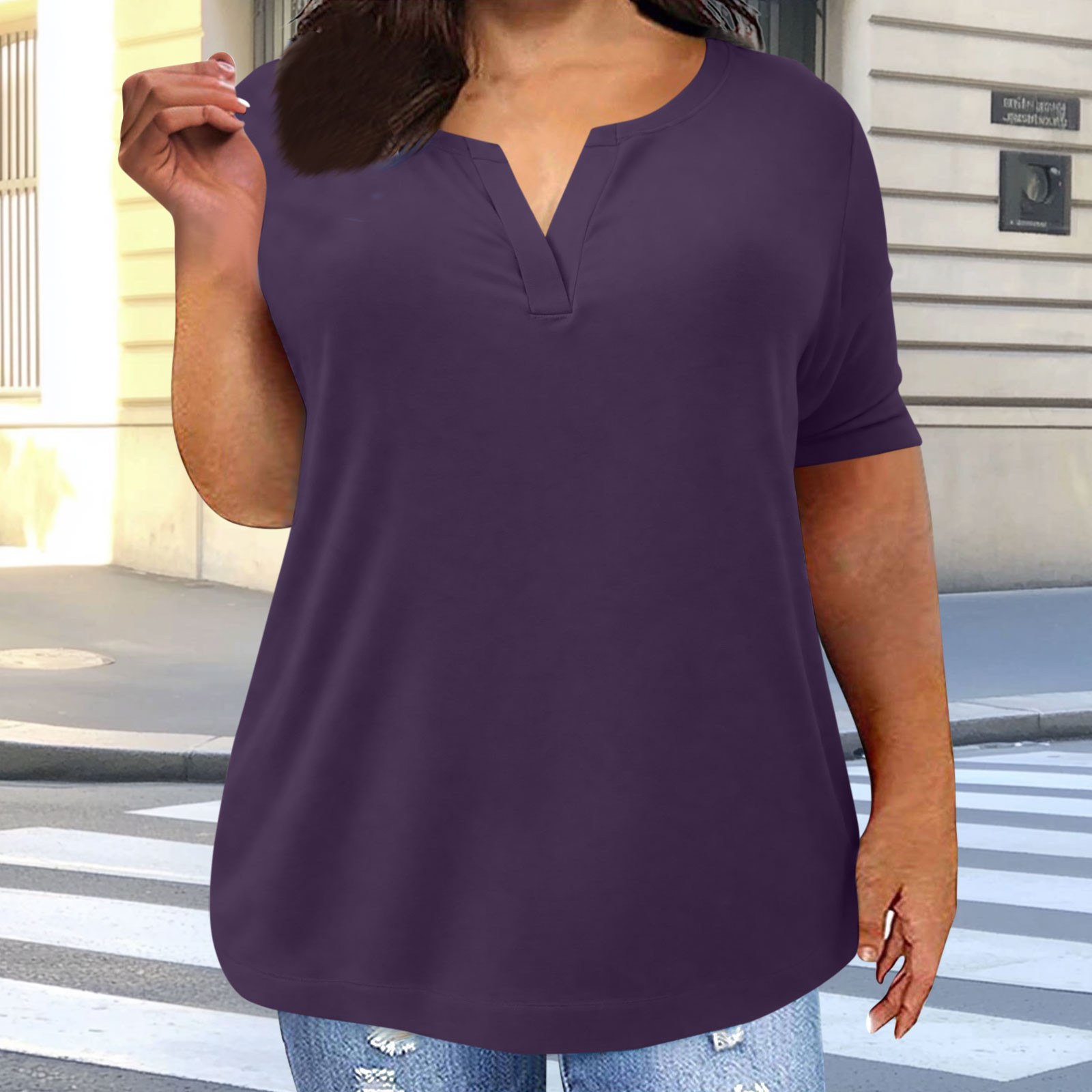 Olyvenn Cotton V Neck Tops for Women Plus Size Short Sleeve Shirts ...