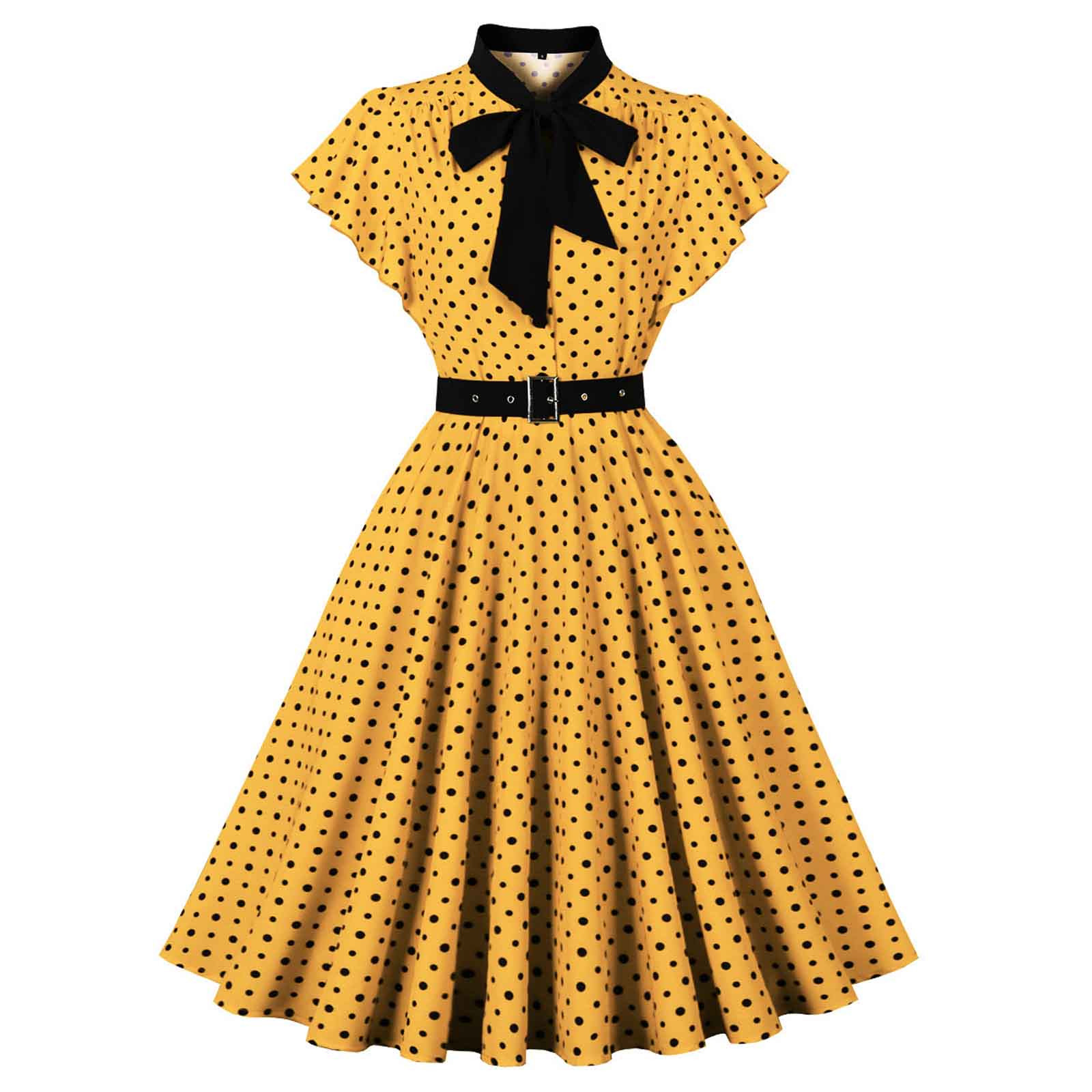 SMihono Women's Ruffle Sleeves Bow Tie Polka Dots Vintage Dress