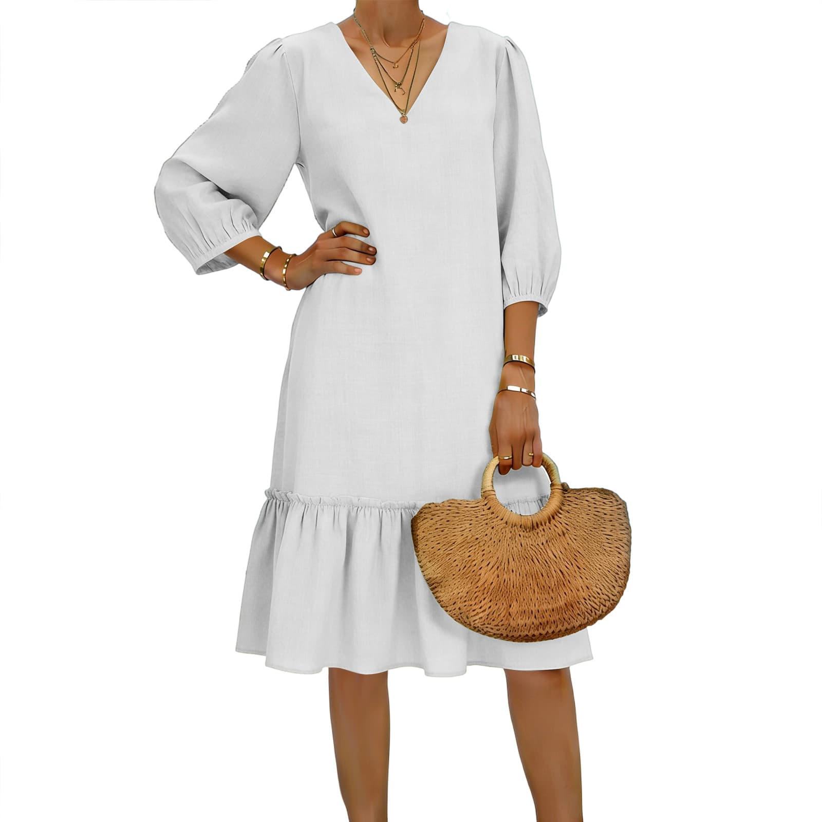 SMihono Cotton Dress for Women 2026 Trendy V Neck Ruffle Pleated Knee ...