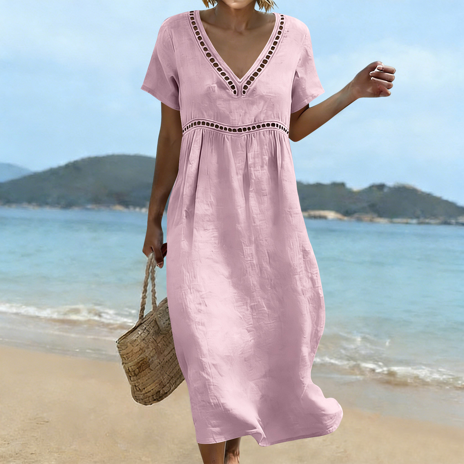 Ygbgbb Women's Summer Cotton Linen V-Neck Short Sleeve Dress Casual ...