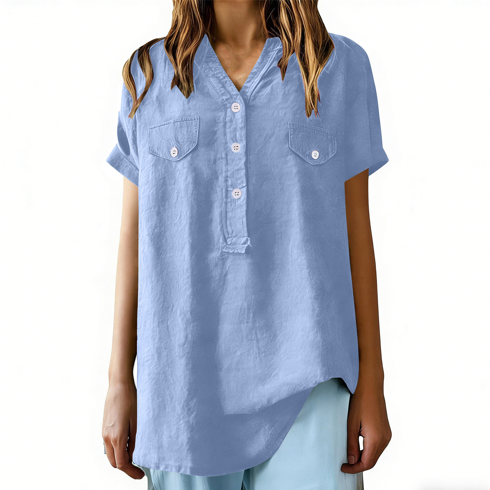 Olyvenn Cotton Linen Shirts for Women 2026 Summer Short Sleeve V Neck ...