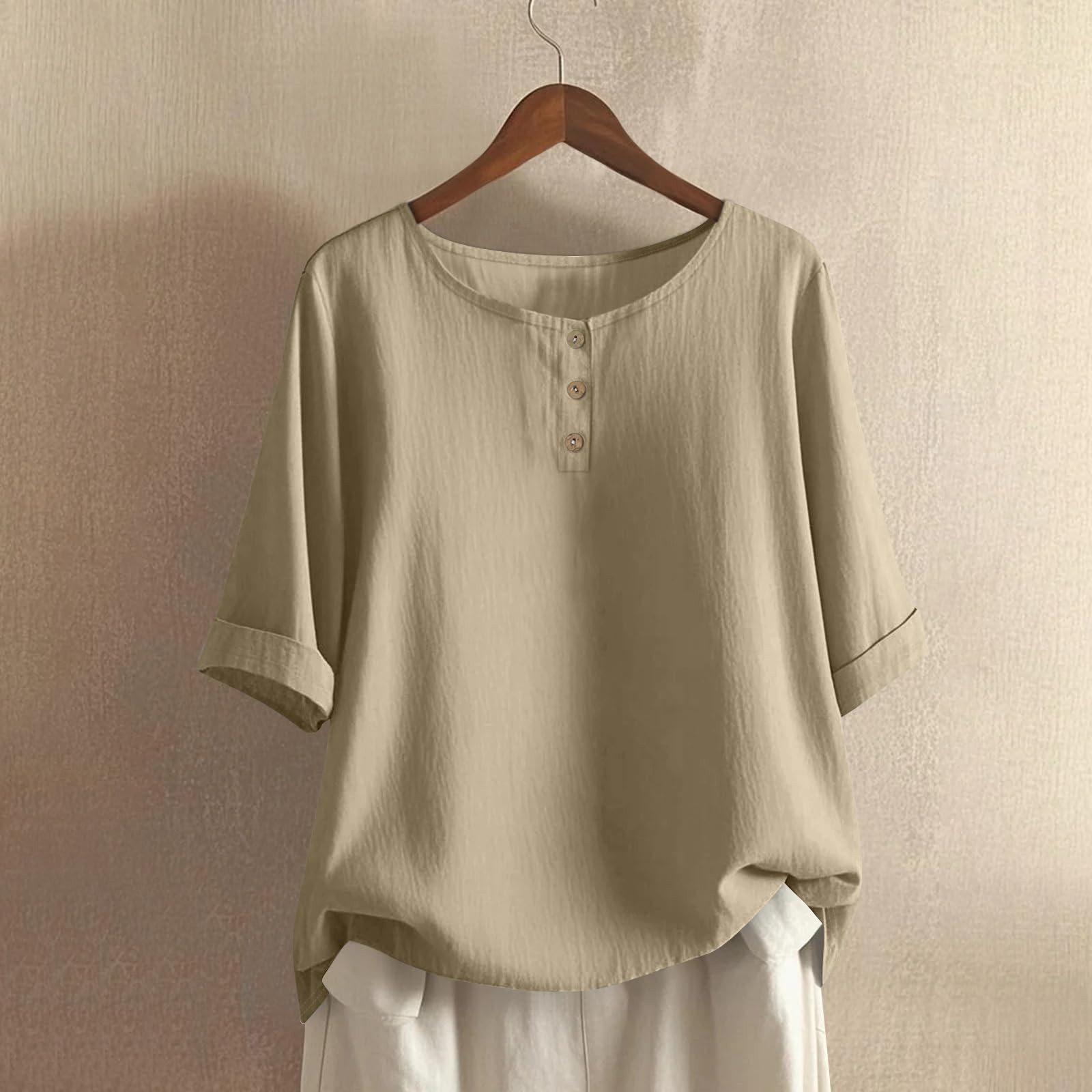 Olyvenn Cotton Linen Shirts for Women 3/4 Sleeve Button Down Henley V ...
