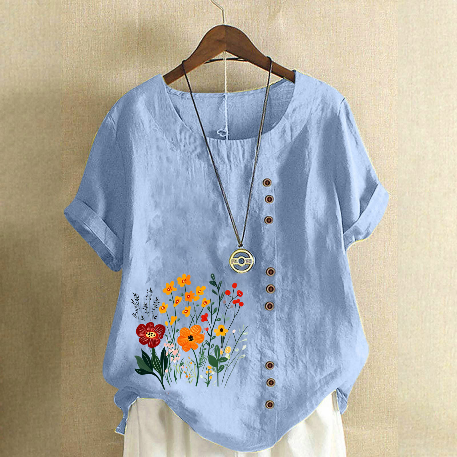 Olyvenn Women Floral Print Linen Shirts Short Sleeve Gauze Tops Loose ...